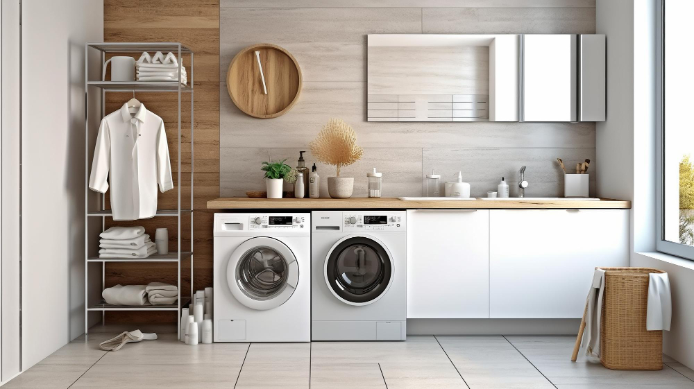 white cabinets drying rack washing machine dryer generative ai are all features modern bathroom 1 - Laundry Naik Kelas